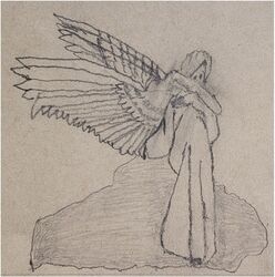 Sketch of an angelic figure with large wings